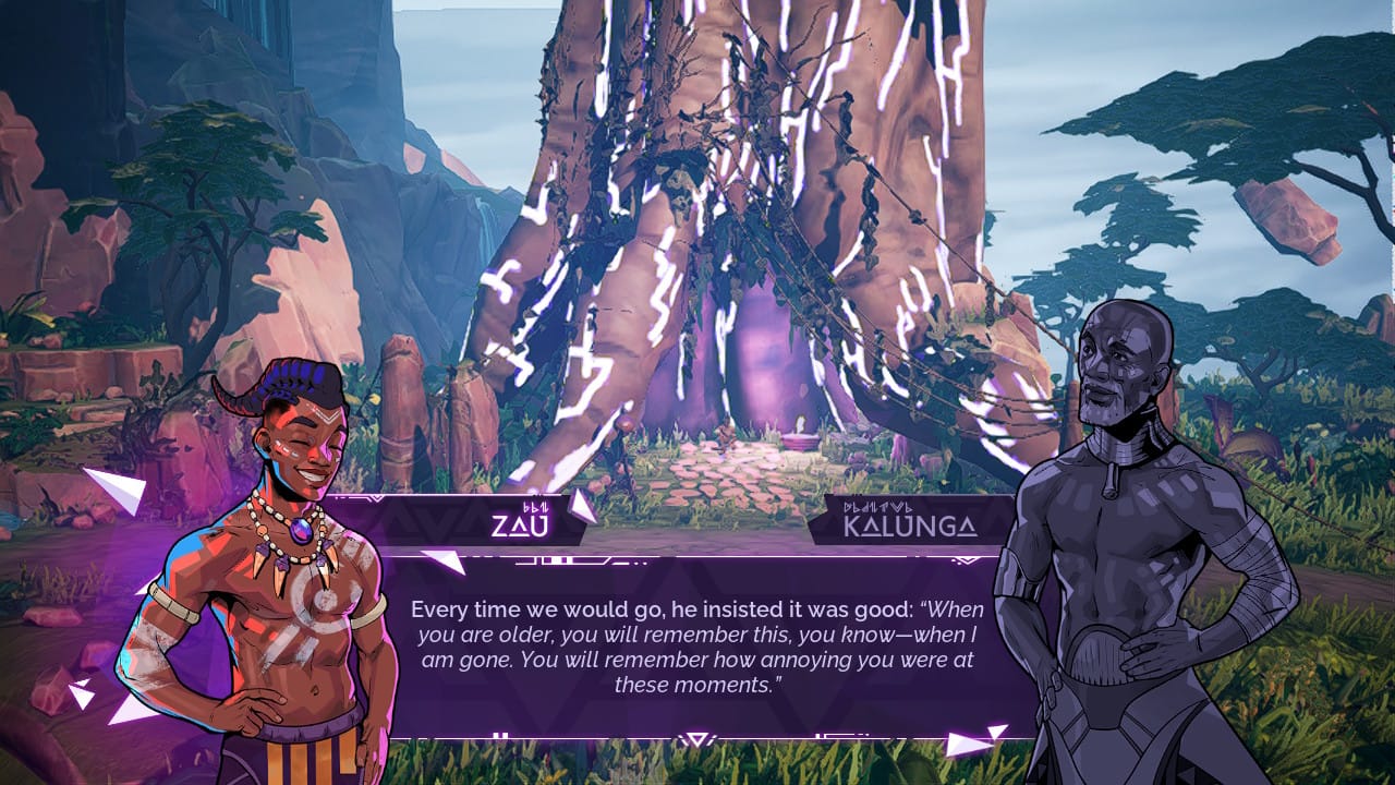 Image is Zau meditating in a tree while saying to Kalunga, "Every time we would go, he insisted it was good: "When you are older, you will remember this, you know- when I am gone. You will remember how annoying you were at these moments."