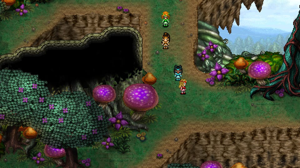 Image is pixel art of the magical girl theatre troupe tranversing a dungeon