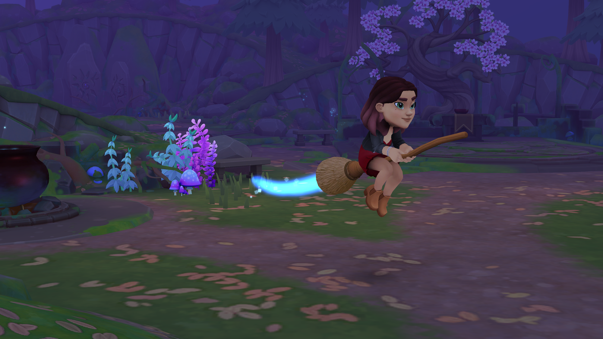 Image is Tara from Wylde Flowers flying on a broomstick at night in a forest of colorful mushrooms