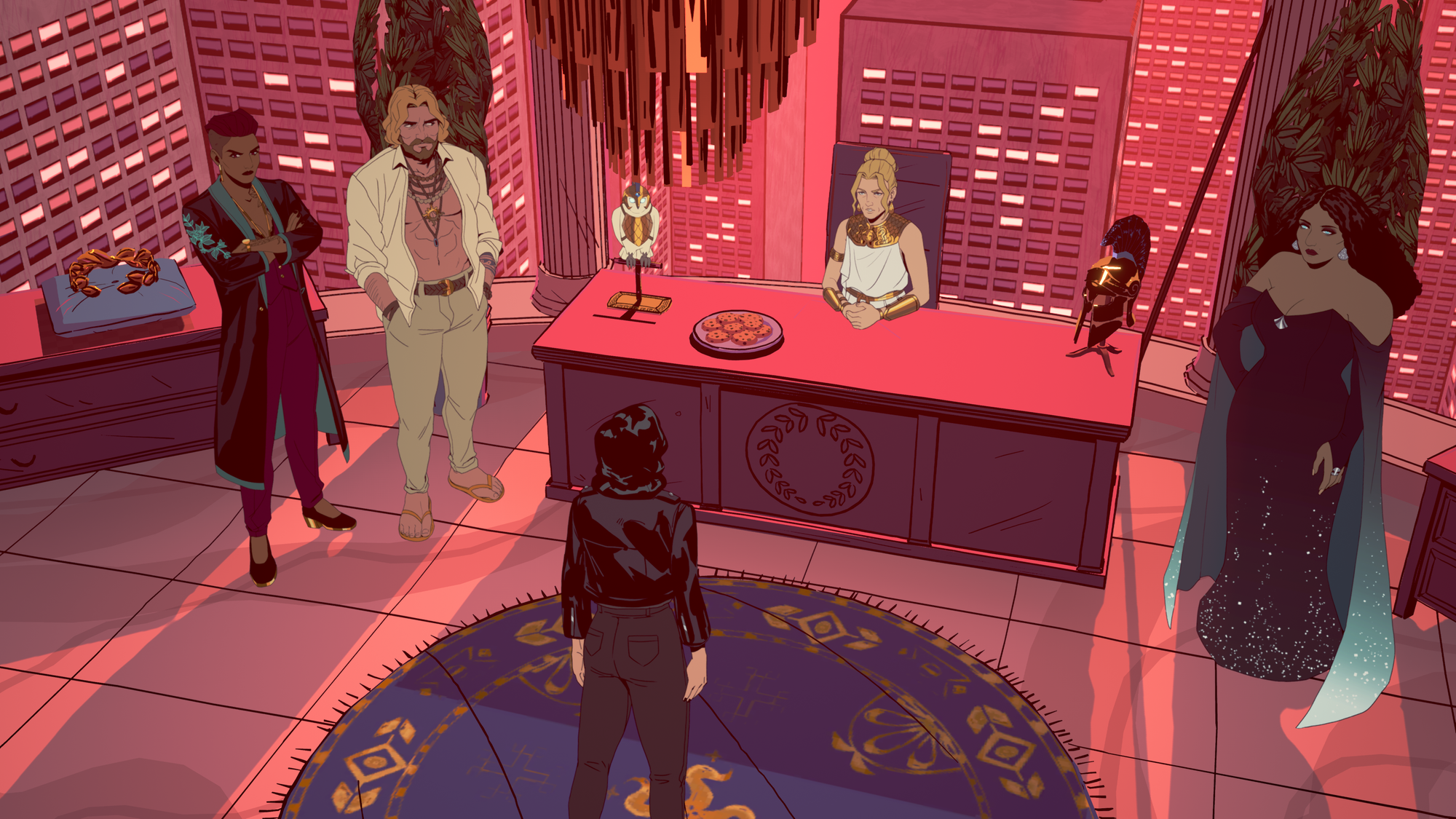 Grace, Persephone, Apollo, Athena and Aphrodite are meeting in a high-rise office building.