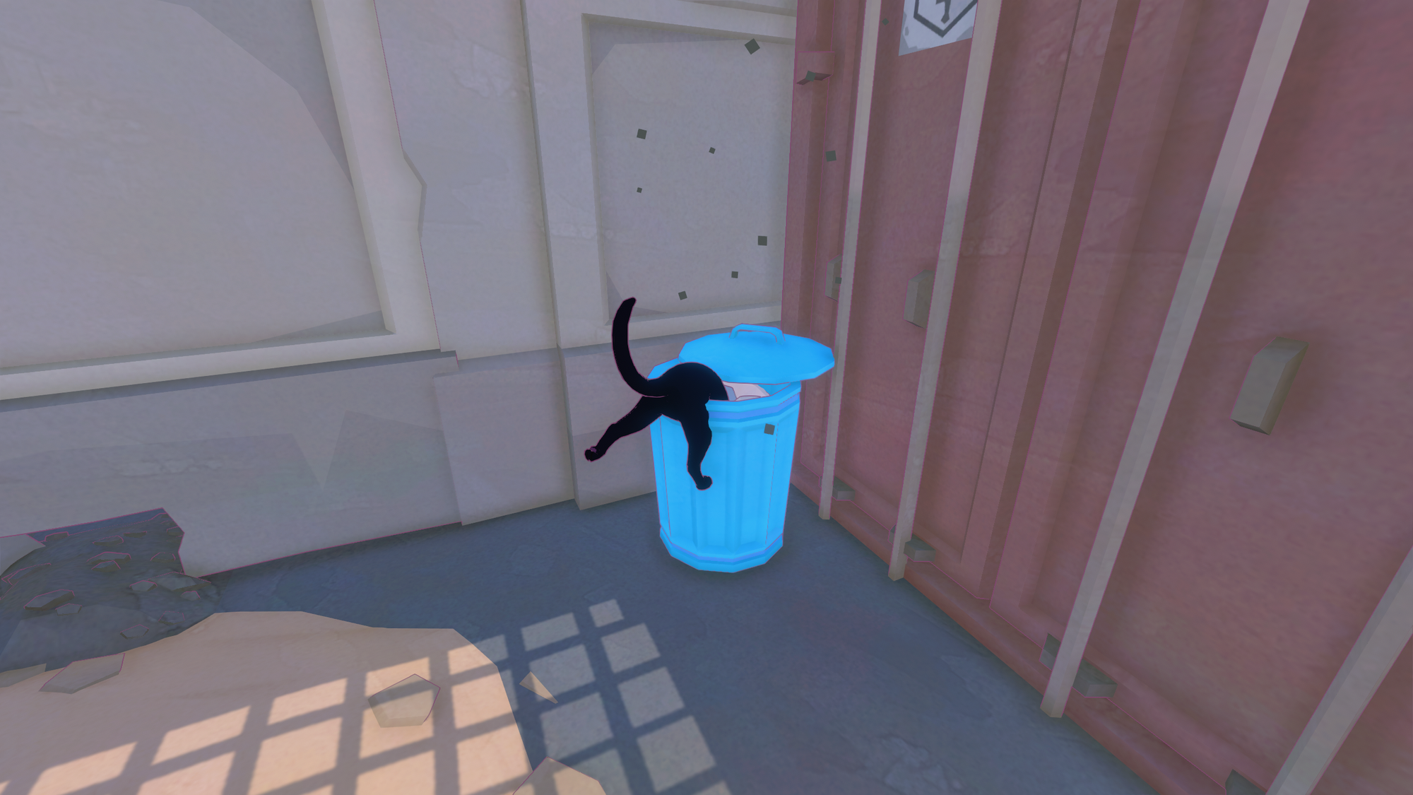 A small black cat digs in a blue garbage can.