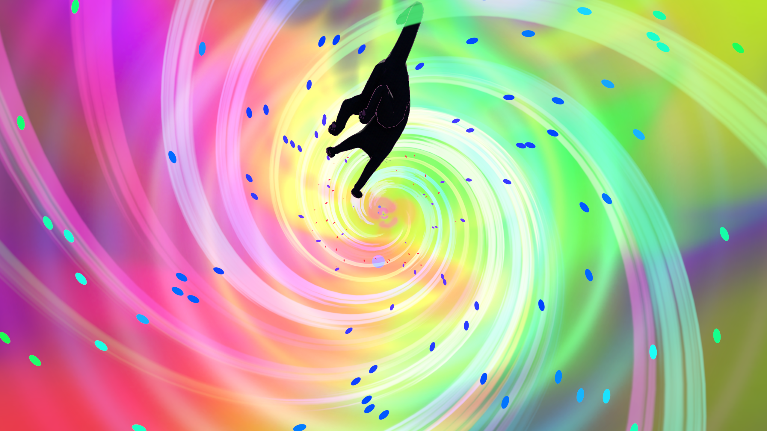 A small black cat sails through a multicolor vortex.