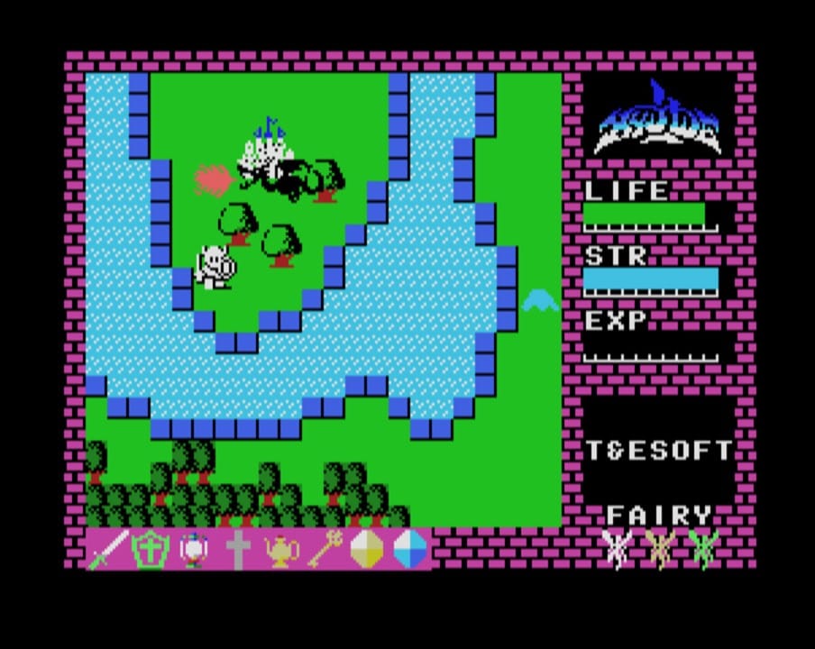 An old-fashioned pixel game; a knight quests near a castle guarded by a dragon.