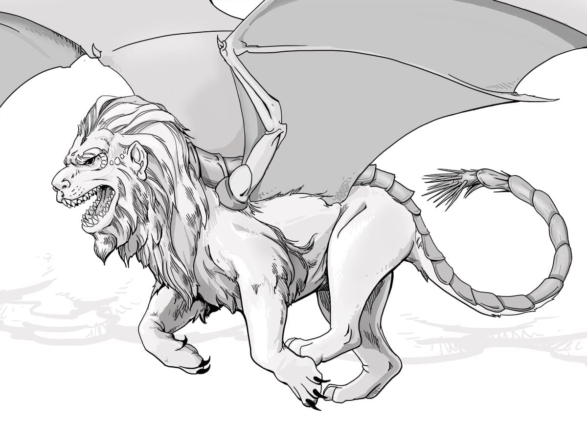 A manticore; a creature with the head and body of a lion, tail of a scorpion, and dragon wings.