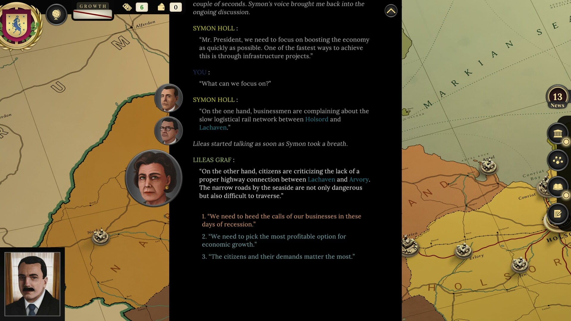 A conversation between political leaders discussing infrastructre projects. The player has three response options.