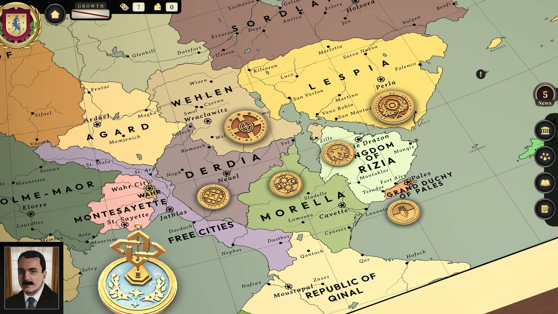 A strategy world map showing the countries of Suzerain, marked with coins.