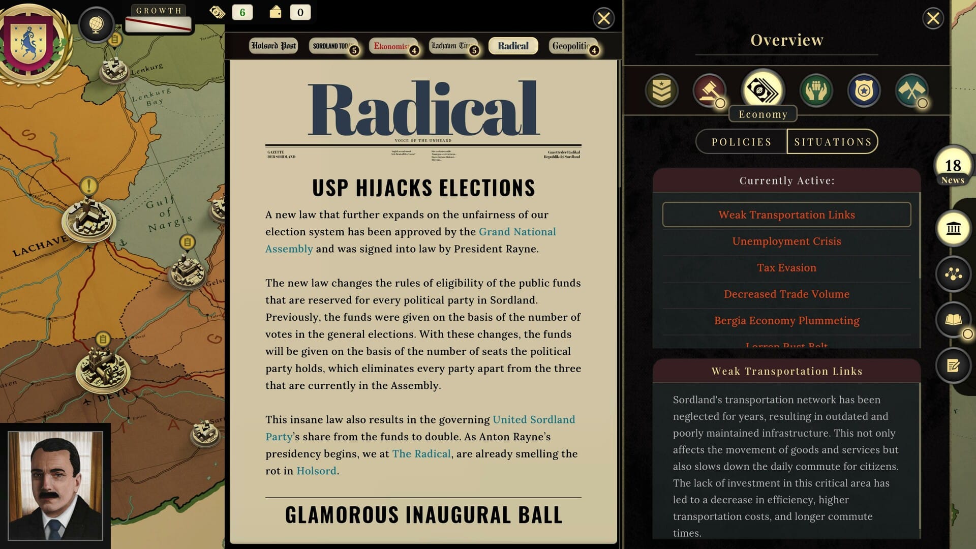 A newspaper article in The Radical details an election hijacking that potentially influenced Rayne's rise to power.