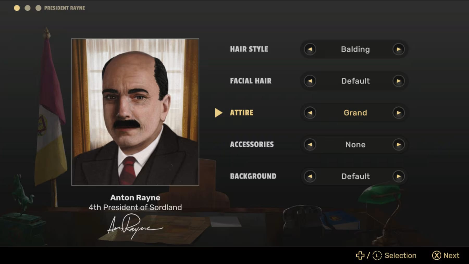 Customization screen showing a balding dark-haired older man named "Anton Rayne: 4th President of Sordland."