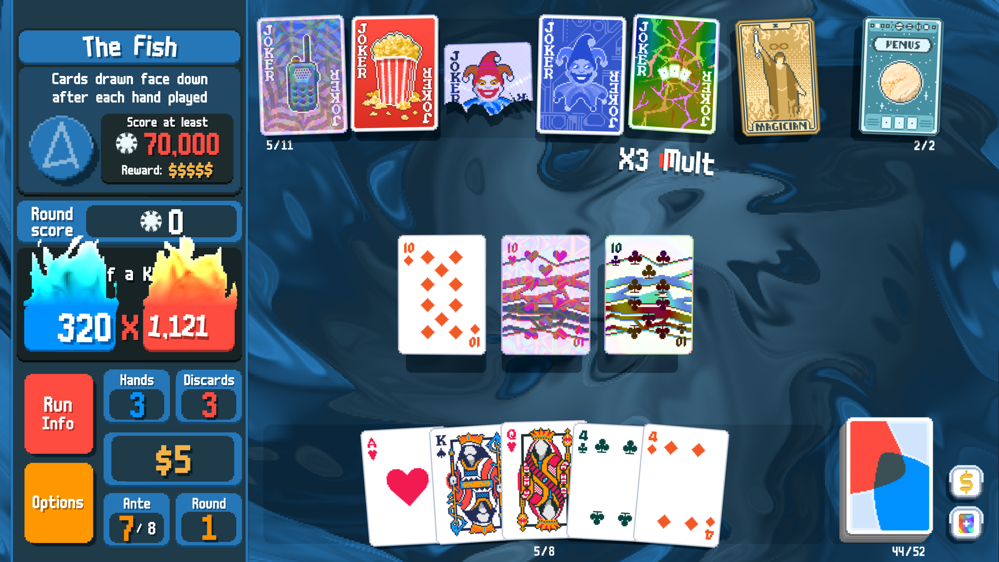 A game of Balatro in full swing; A Three of a Kind with 10s of various effects scores 320 x 1121.