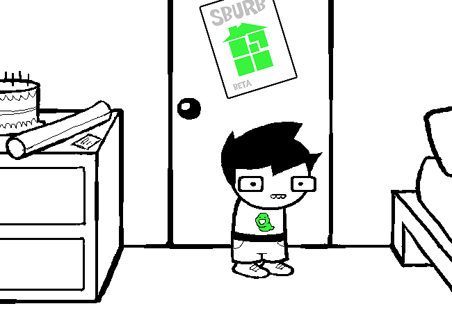 A simple lineart style. A young man stands in his bedroom.