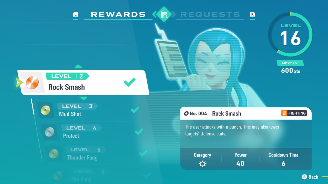 A screenshot of Pokémon Legends Z-A showing the list of TMs obtainable in the game through Mable's Research, with Rock Smash highlighted in the menu.