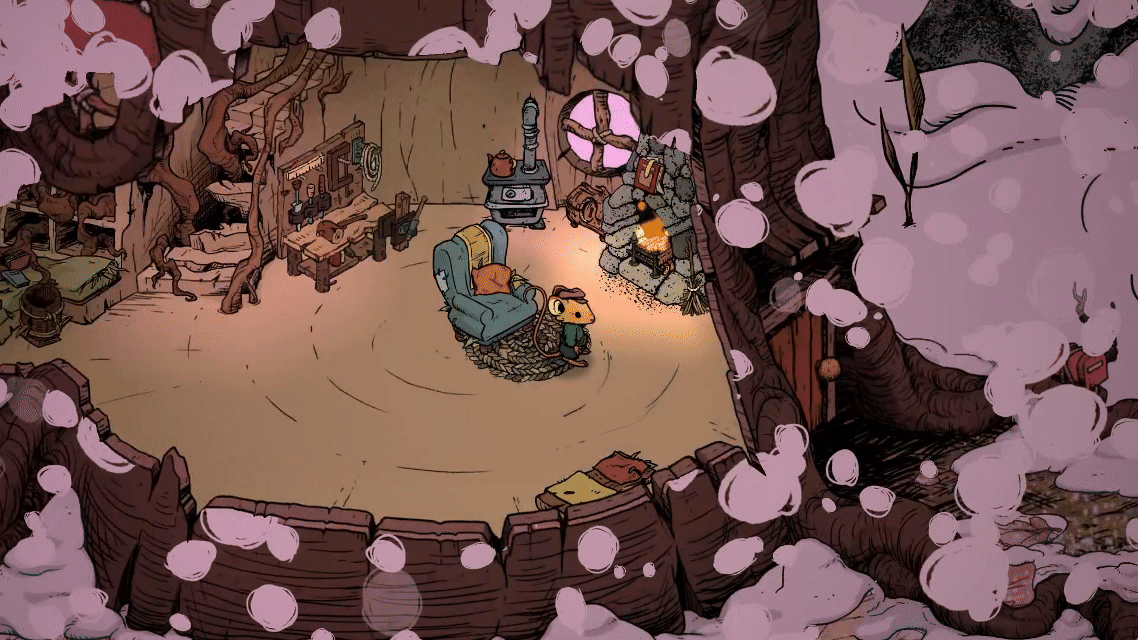 The mouse sits in his armchair to knit.