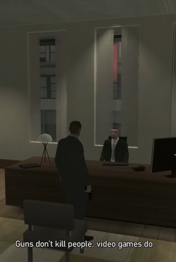 A lawyer says, "Guns don't kill people, video games do."