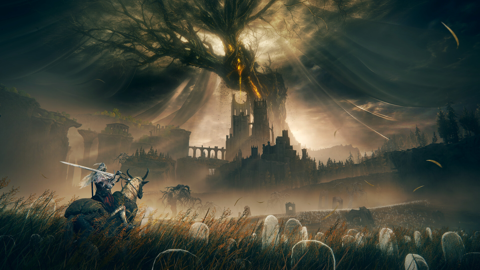 A knight in a grassy graveyard field looks up toward a castle and the Erdtree.