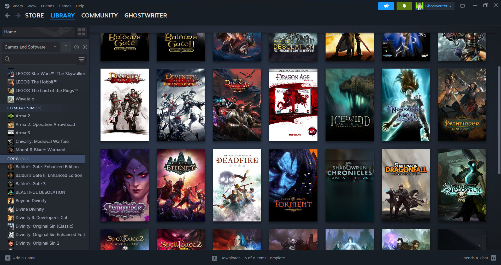 A screenshot of the author's Steam library, full of long titles and in-depth stories.