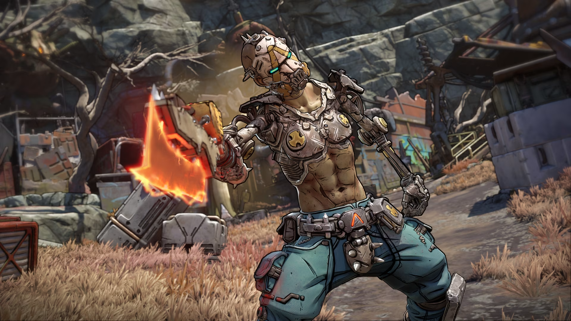A screenshot from the Borderlands games; a heavily armored cyborg character threatens with a plasma knife.