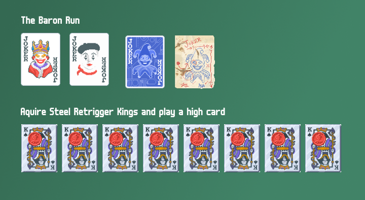 A graphic showing The Baron Run lineup of Jokers (Baron, Mime, Blueprint, & Brainstorm) and Steel Retrigger Kings.