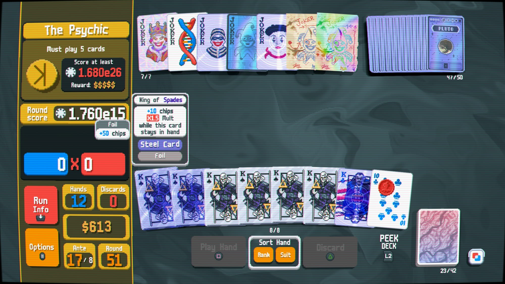 Gameplay of Balatro; seven Jokers are in play with the Plasma deck, ther eare 47 planet cards in holding, and six Steel King of Spades, one holographic mult King of Clubs, and one polychrome red stamp 10 of Clubs in hand.