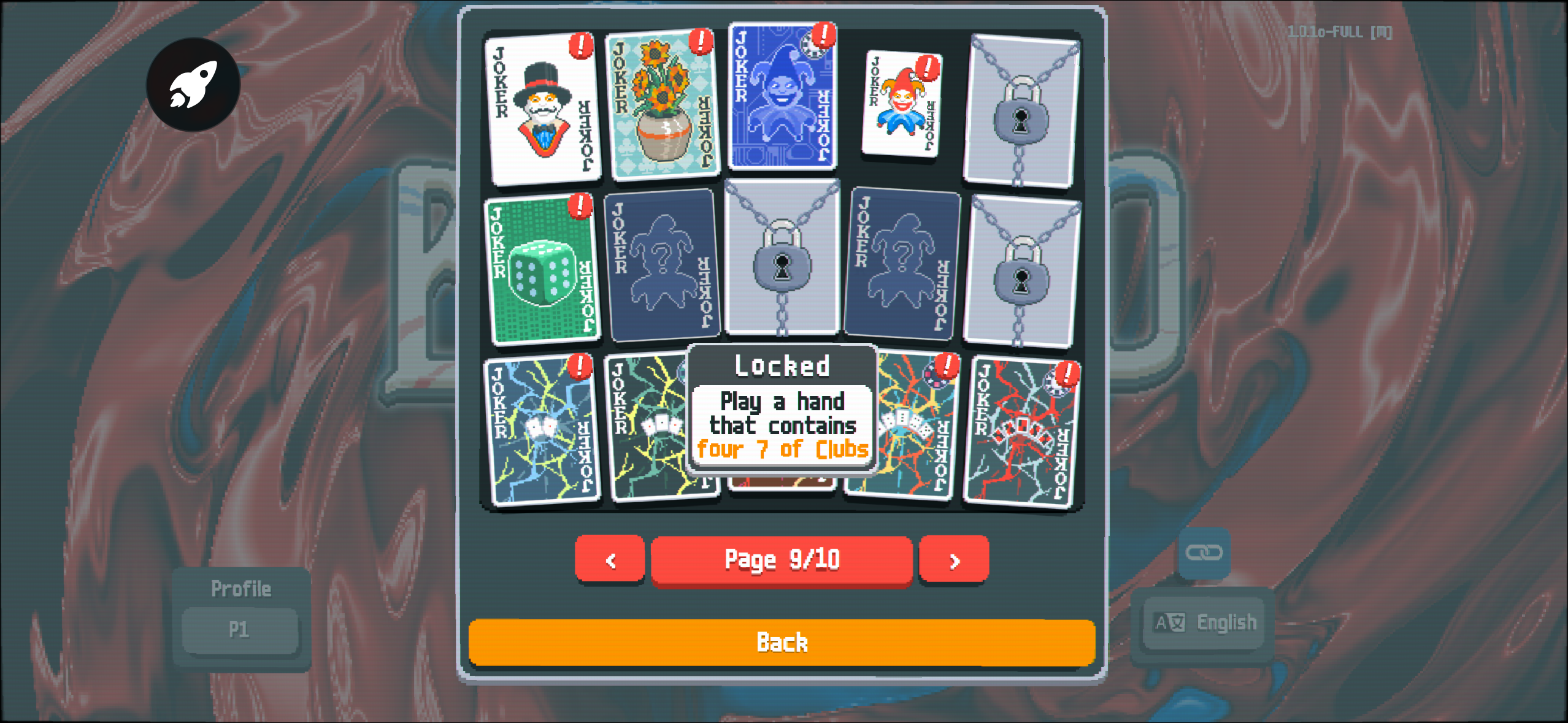 The Joker gallery menu, with a Locked Joker highlighted to show a requirement to play a hand that contains four 7 of Clubs.