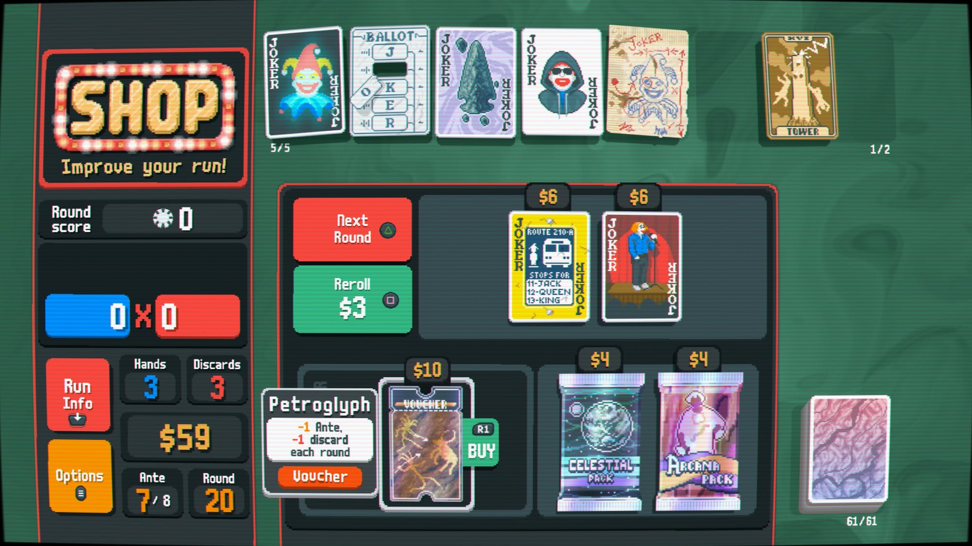 Gameplay of Balatro; the storefront with Petroglyph highlighted.