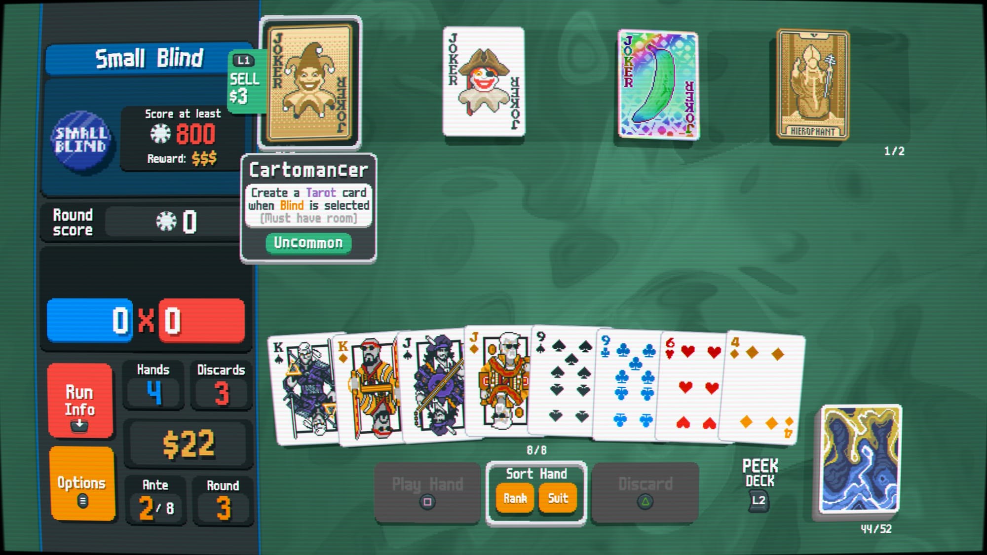 Gameplay of Balatro; the Cartomancer Joker is highlighted.