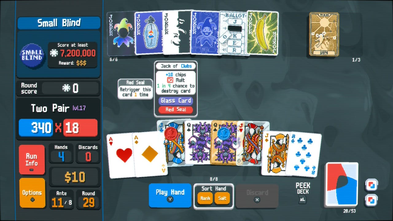 Gameplay of Balatro; six Jokers are set up with the Anaglyph deck and a Sun tarot card is in the hold spot.