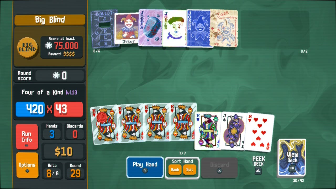 Gameplay of Balatro; six jokers are set up with the Ghost deck and four Glass King of Hearts are highlighted to play.