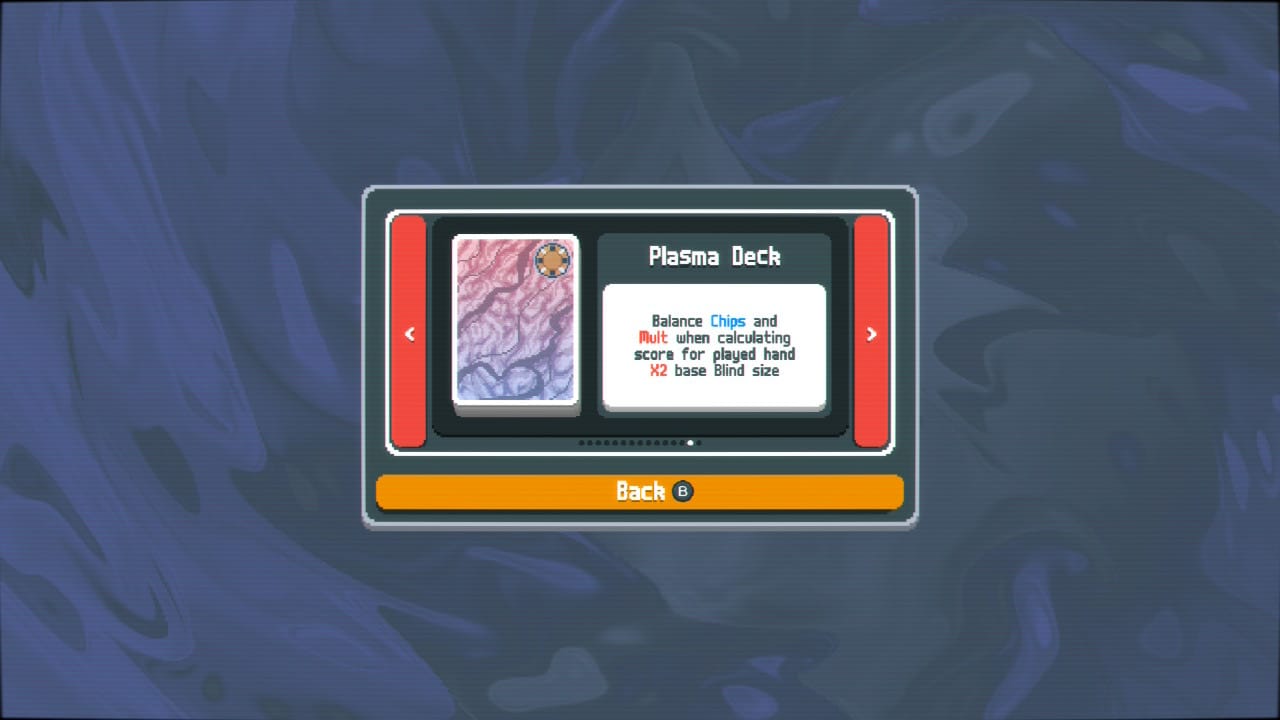 Gameplay of Balatro; the deck choice screen highlighting the Plasma Deck.