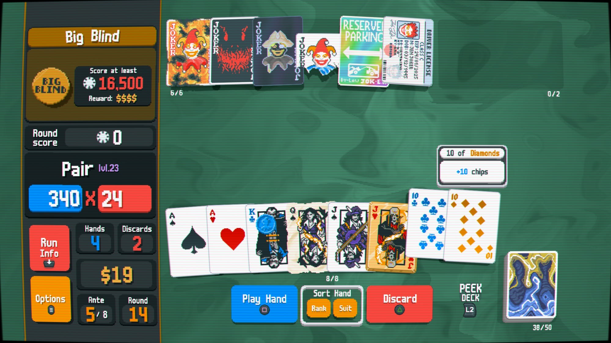 Gameplay of Balatro; six Jokers are setup with the Ghost deck in play.
