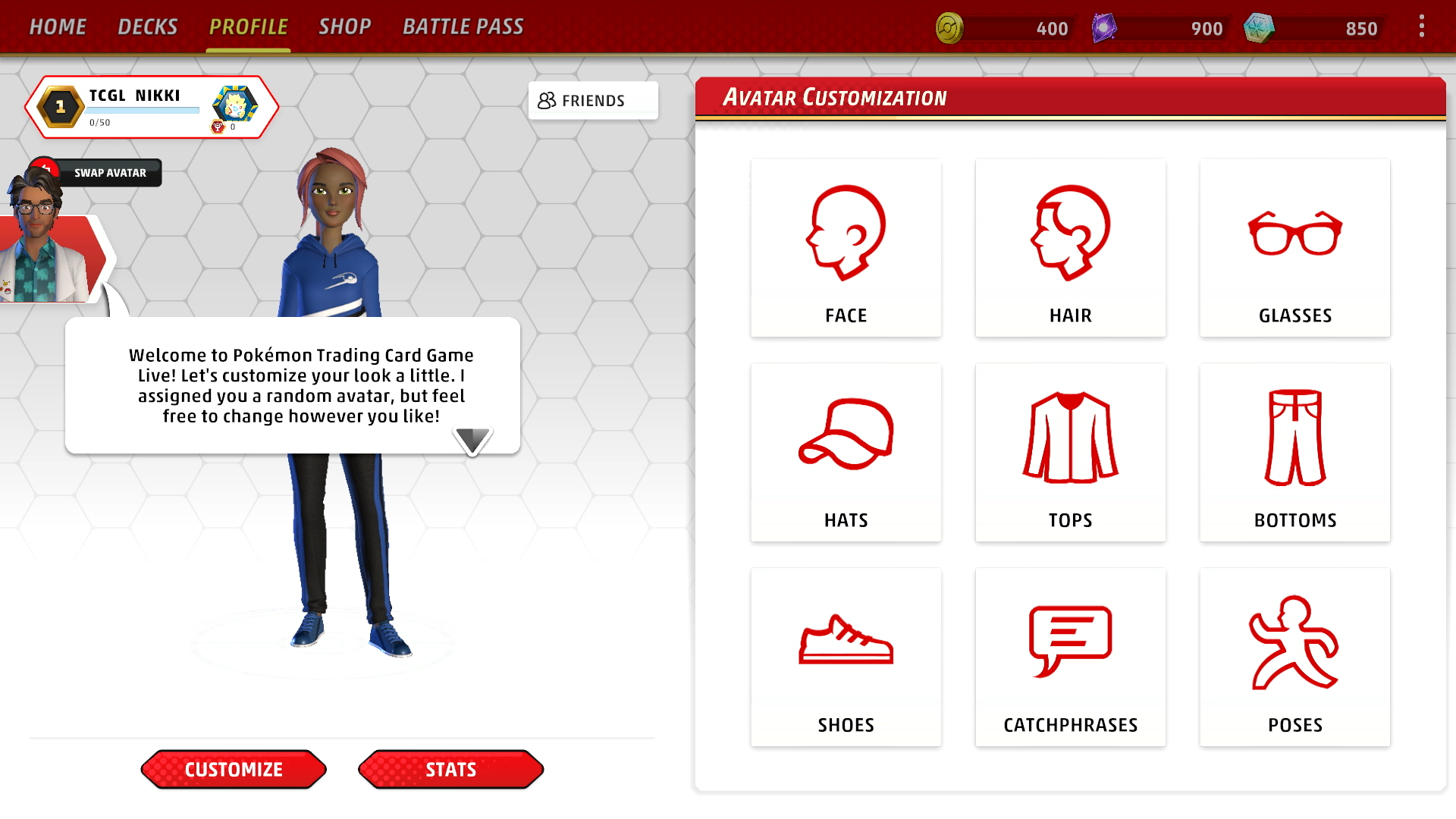 The tutorial character customization screen, with options for appearance, clothing, catchphrases, and poses.