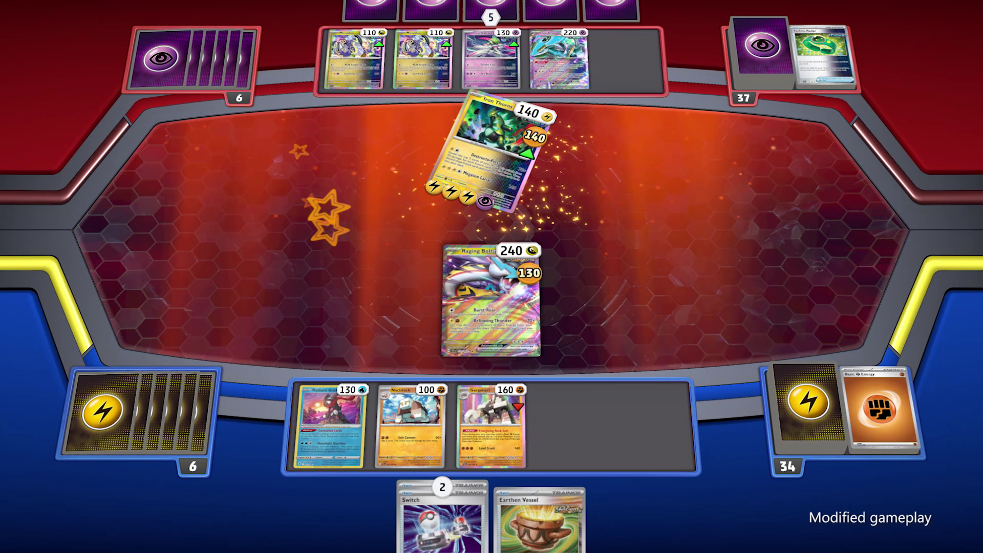 A game of Pokemon. Raging Bolt attacks and knocks out Iron Thorns.