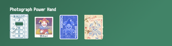 A graphic showing the Photograph Power Hand Joker lineup - Hanging Chad, Photograph, Blueprint, & Brainstorm