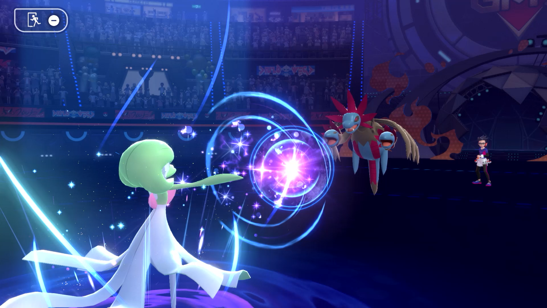 A screenshot of Pokemon Champions; Gardevoir shoots a psychic blast at Hydreigon.