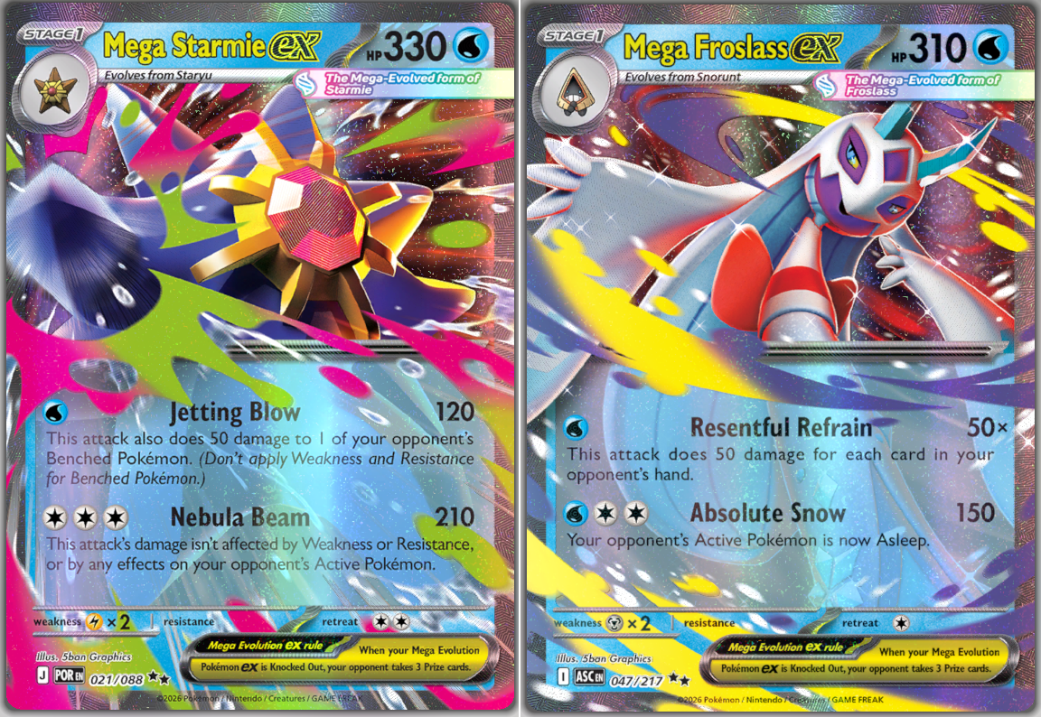Two Pokemon cards - Mega Starmie EX and Mega Froslass EX.