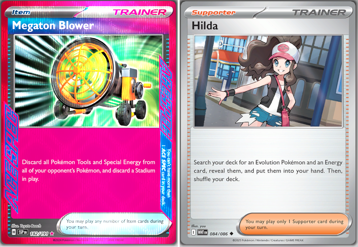 Two Pokemon cards - Megaton Blower and Hilda.