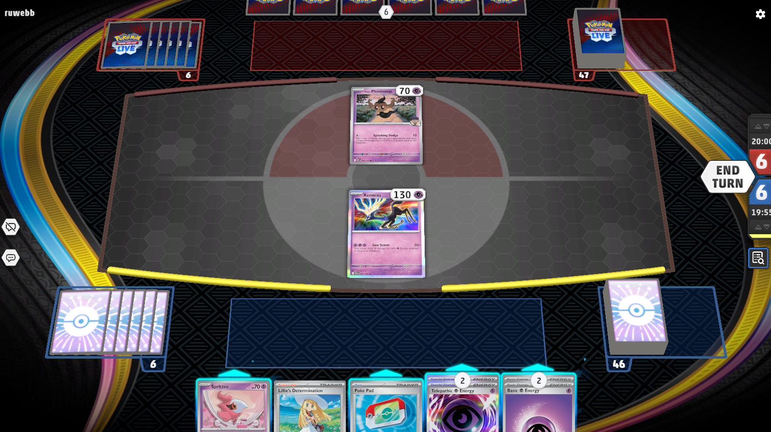 A game of PTCGL. Both players are newly set up - it is the perspective player's turn to start the game.