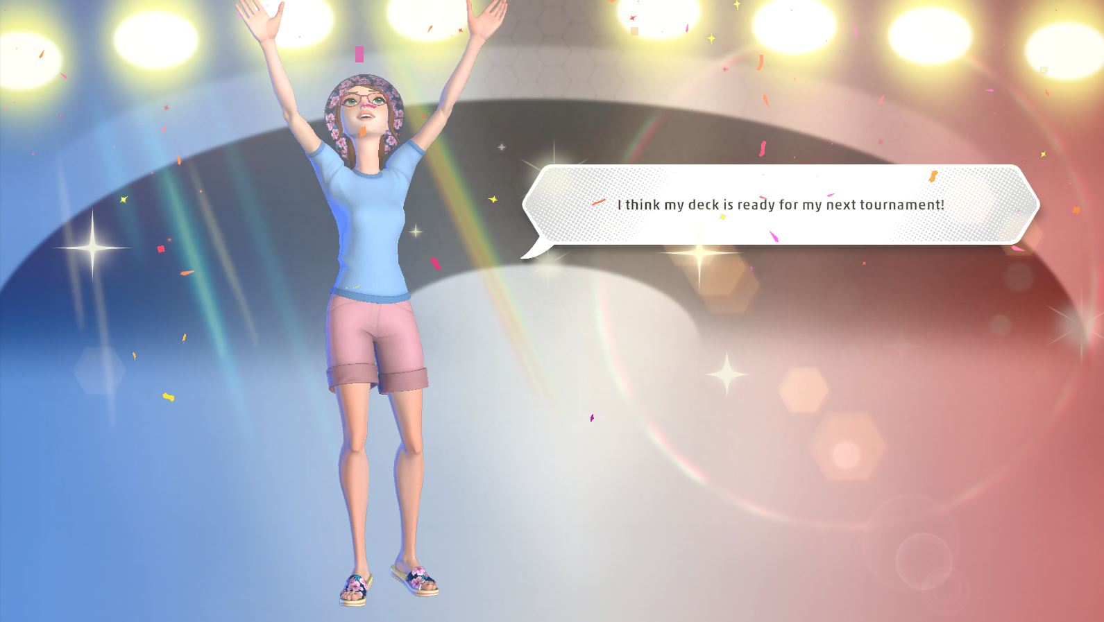 The victory screen for PTCGL. The author's character - a woman with brown hair and glasses in a summery shorts and tshirt outfit - cheers and says "I think my deck is ready for my next tournament!"