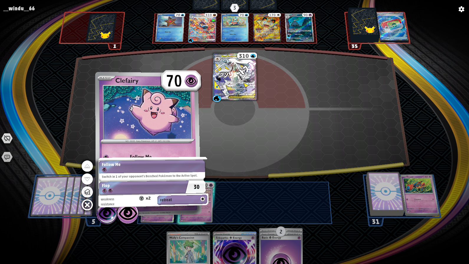 A game of PTCGL. The perspective player has Clefairy highlighted, showing its various moves.