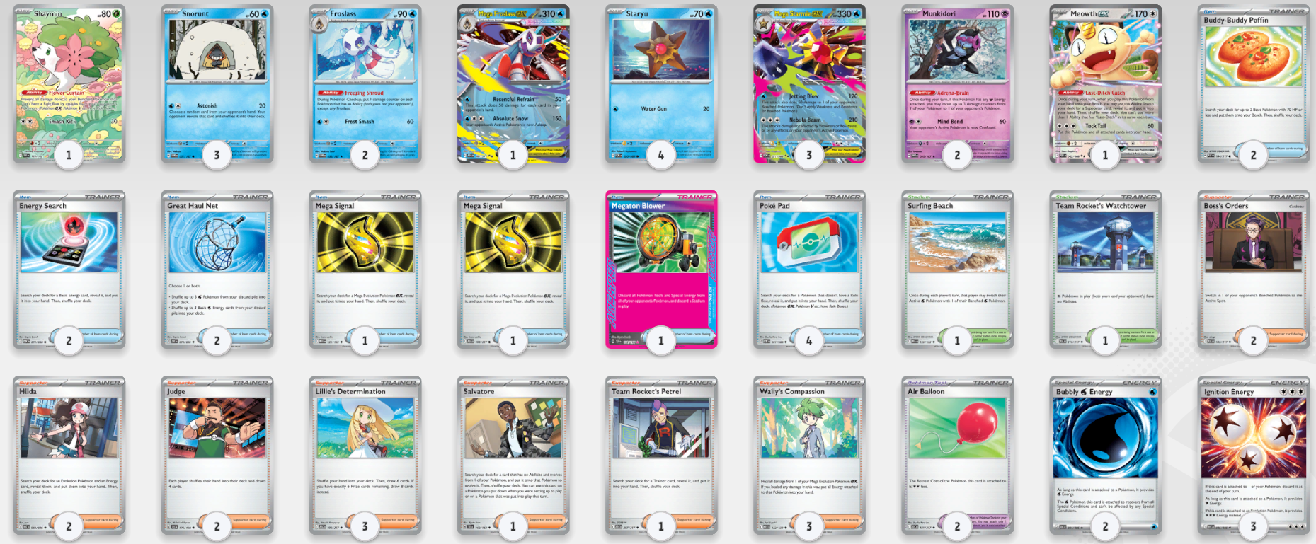 Cat's Mega Starmie EX deck, with all of the cards listed in the article below.