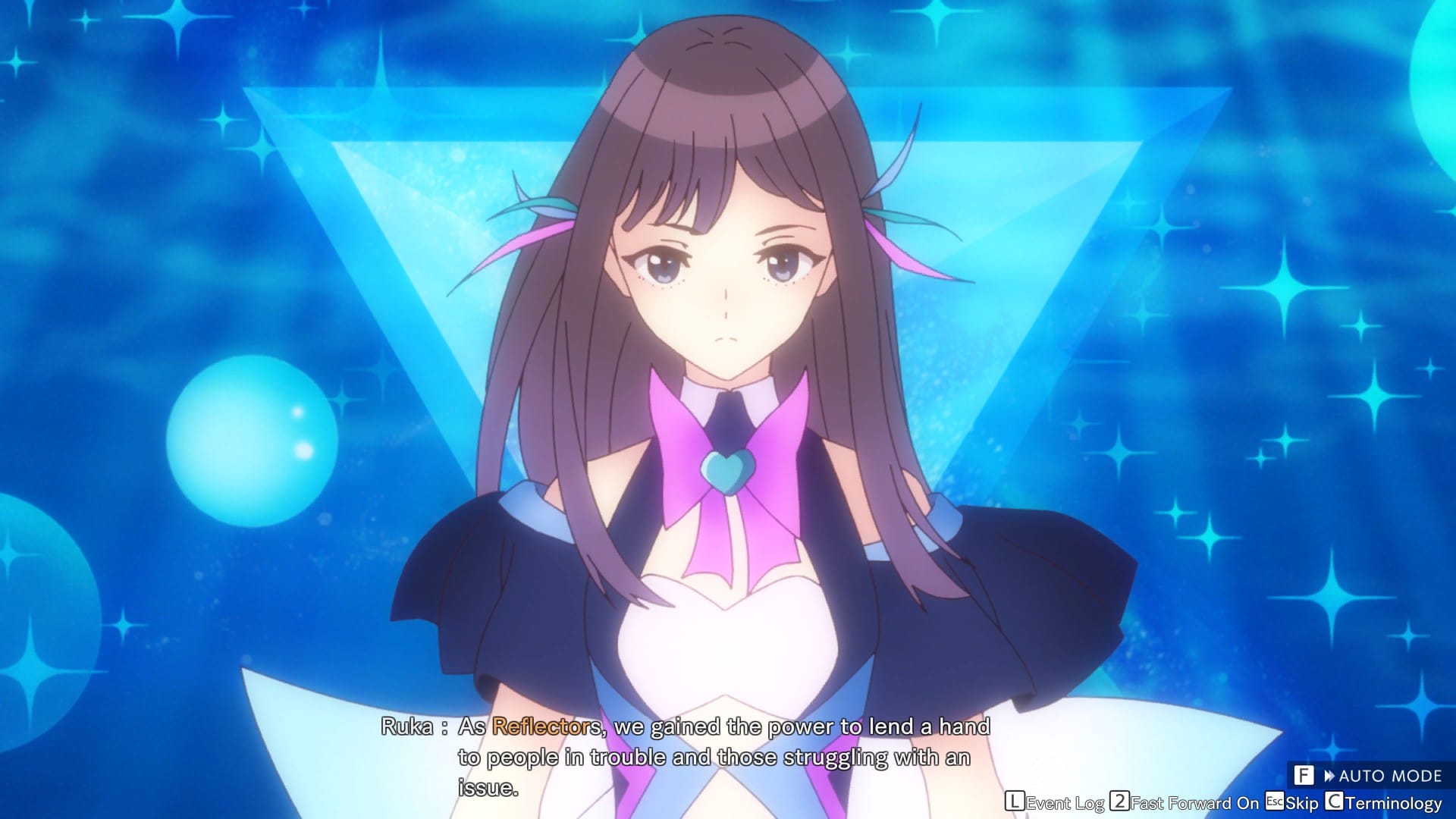 Blue Reflection Quartet screenshot showing a cutscene in Blue Reflection Ray. The scene is a single photo from the anime, showing Ruka's transformation in the magical girl style of a Reflector.