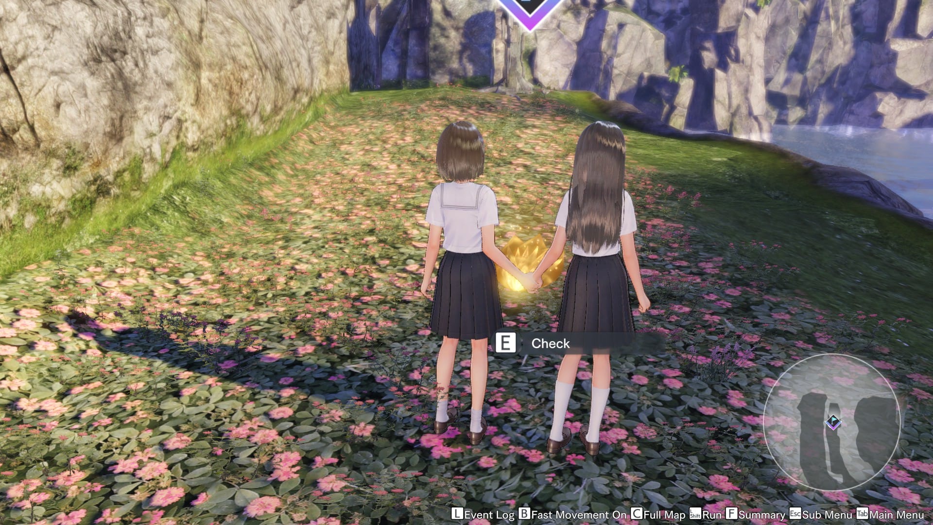 Blue Reflection Quartet's screenshot showing the two protagonists (Ruka and Hiori) holding hands in front of a collectible fragment.