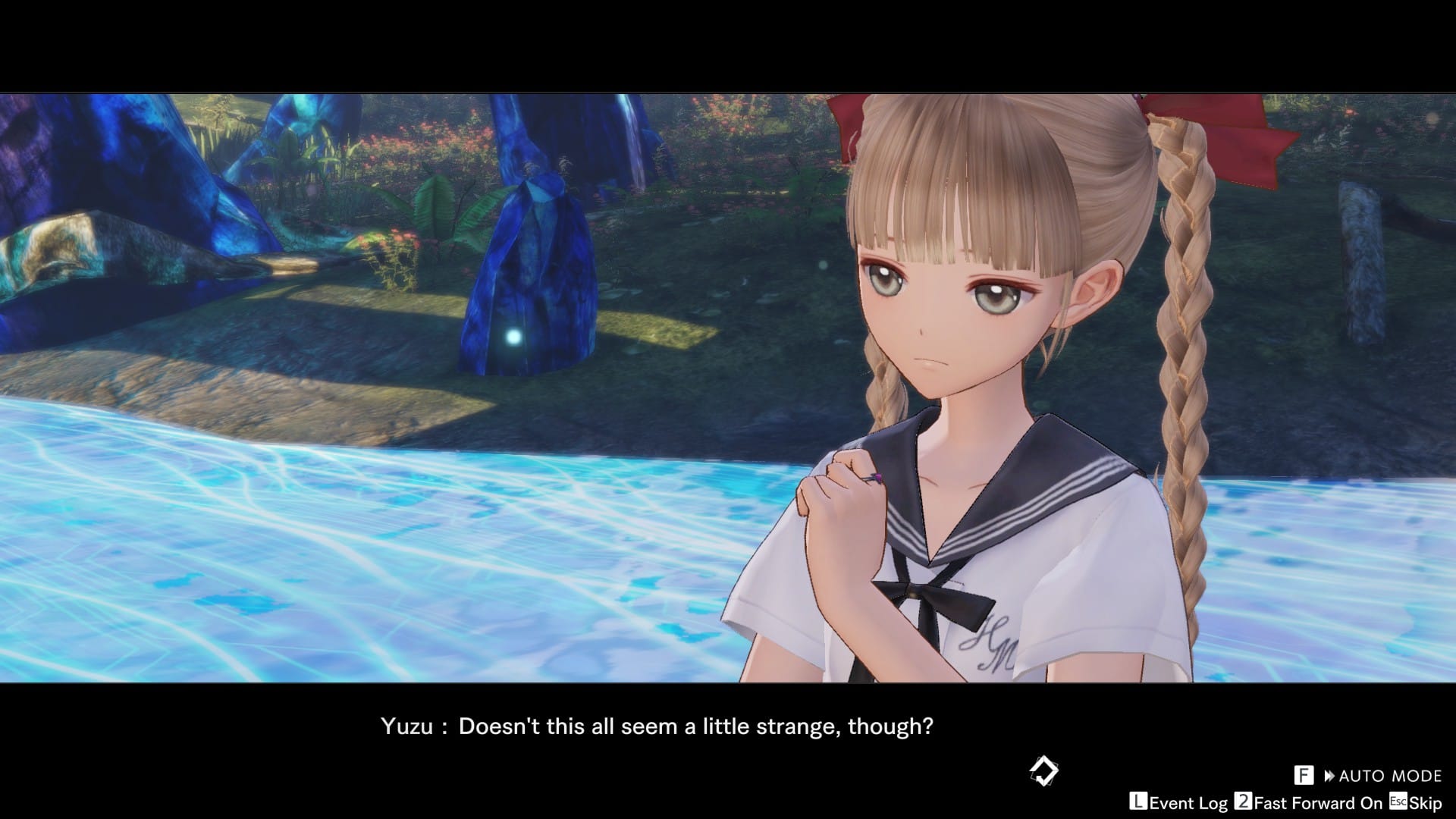 Blue Reflection Quartet screenshot showing Yuzu with a worried face holding her left hand up. A subtitle reveals that she's saying "Doesn't this all seem a little strange, though?" in this scene.