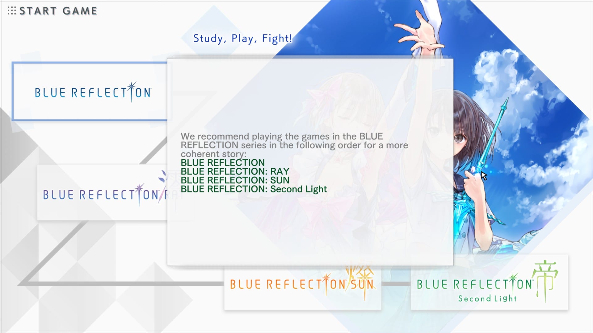 Blue Reflection Quartet early menu screenshot. It shows a flowchart of the series and a warning with the recommendation of playing them in the order "Blue Reflection, Ray, Sun, Second Light".