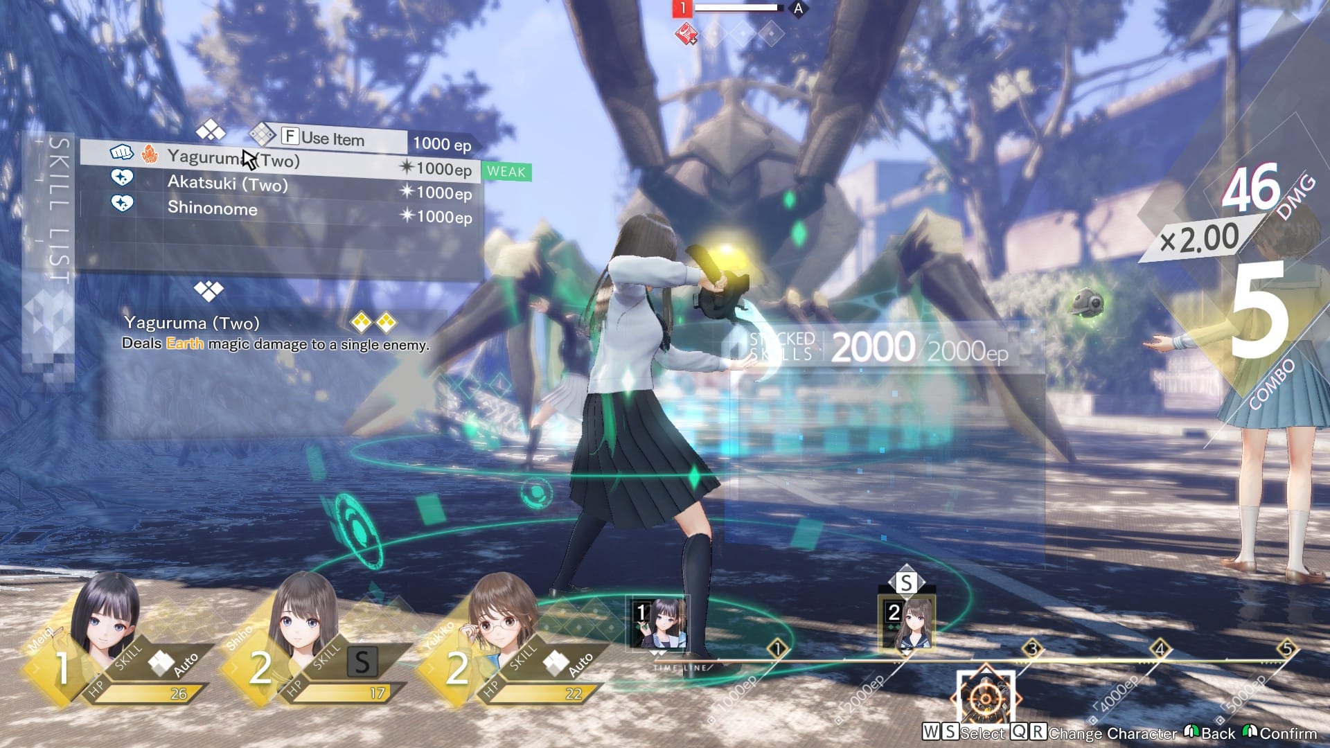Blue Reflection Quartet screenshot showing the battle screen for Blue Reflection Sun. A menu with various skills is visible.