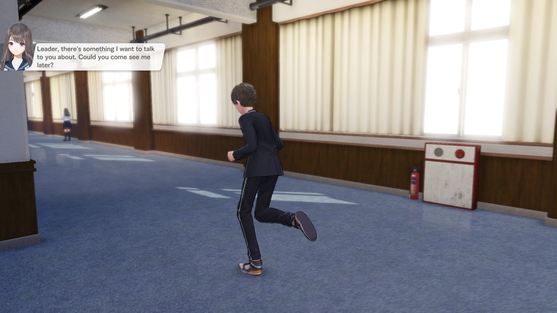 Blue Reflection Quartet's screenshot showing the Blue Reflection Sun protagonist running inside the school. A message on the top left has Shiho saying "Leader, there's something I want to talk to you about. Could you come see me later?".