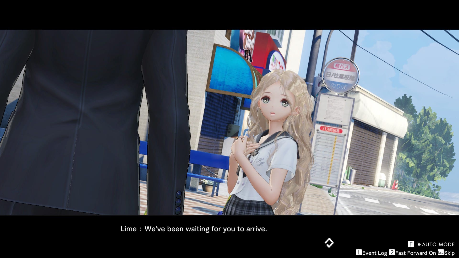 Blue Reflection Quartet's screenshot of Lime talking to the protagonist of Blue Reflection Sun. Only the back of the protagonist is visible while she's holding her hands to her chest and subtitles show that she's saying "We've been waiting for you to arrive".