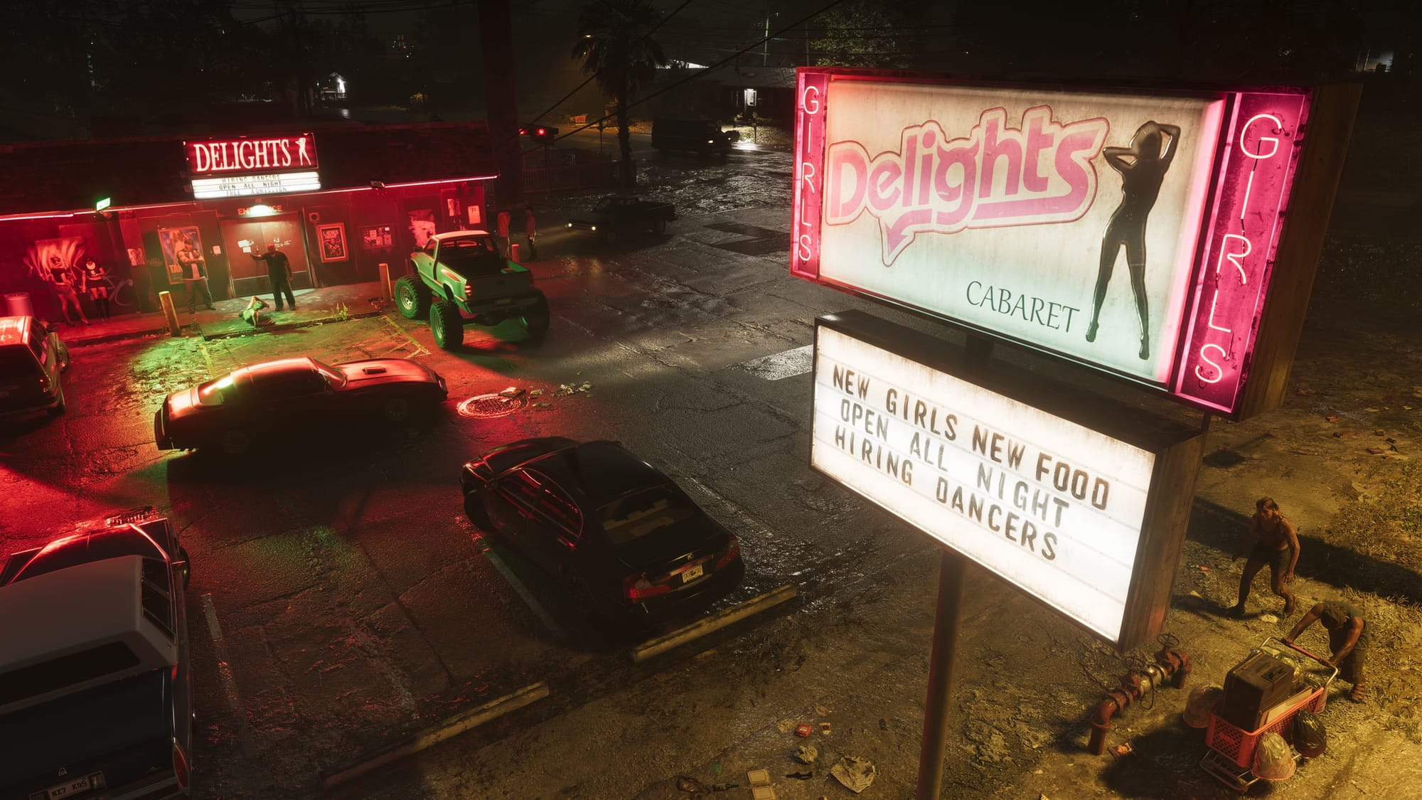 Grand Theft Auto 6 screenshot of a neon-lit "Delights" strip club at night, its marquee reading "New girls, new food, open all night, hiring dancers", with cars parked on a rain-slicked street.