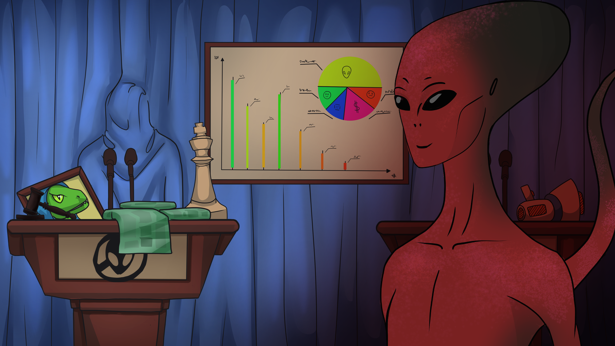 A red alien smiles at the player from a room with blue curtain walls, various clutter including a political podium, a picture of a lizard person, a chess piece, and a graph with alien writing.