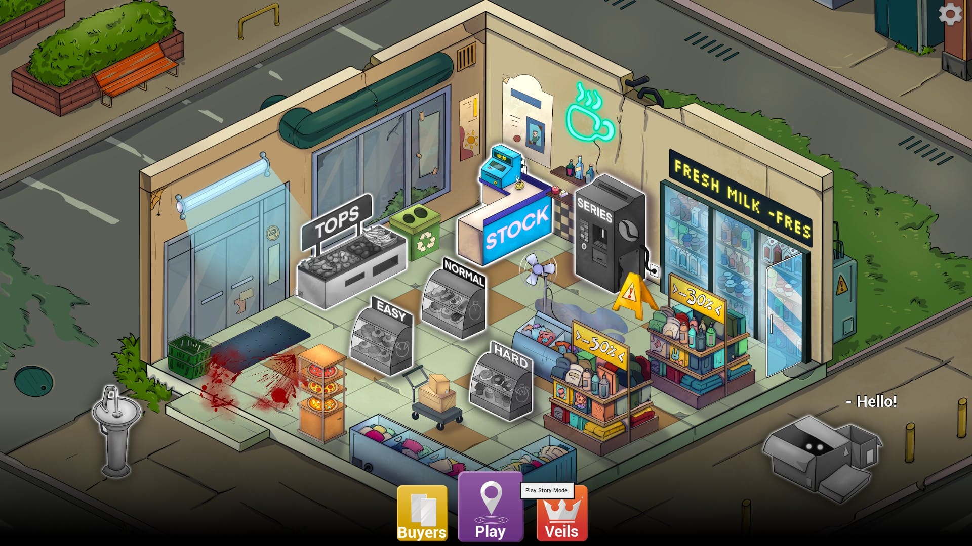 The thrift store, a run-down shop with some broken pipes, cracks, and what might be blood stains.
