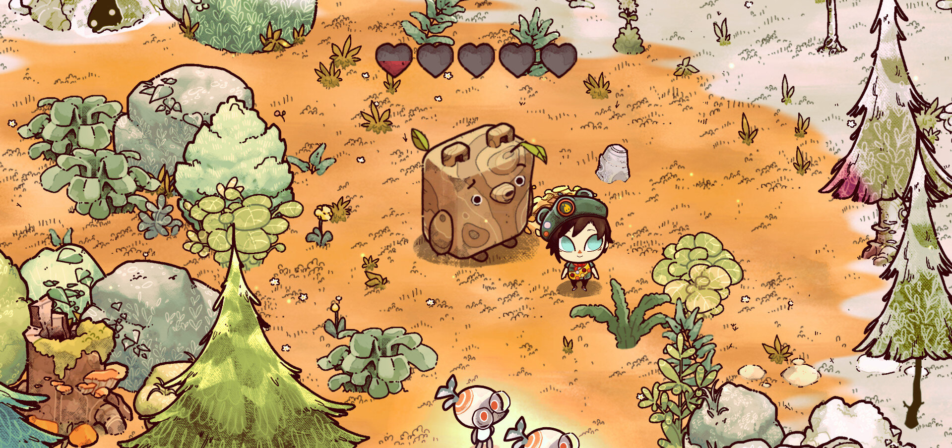 Cozy Grove: a Spirit Scout stands beside a pale ghostly bear on a hand-drawn island in warm orange and green.